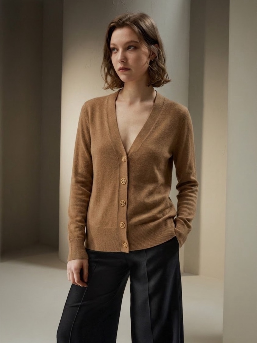 NWT Tory Burch Simone Camel Brown V‑Neck Button Cardigan